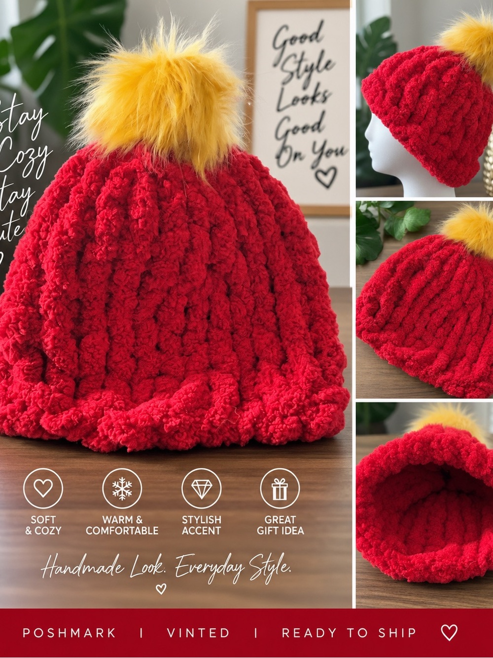 Red Pom-Pom Beanie with Yellow Faux Fur Accent